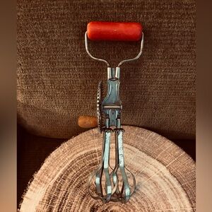 Vintage Hand-cranked Egg Beater with Red Handle